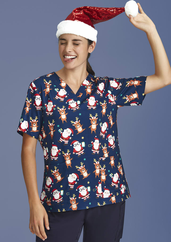 Picture of Womens Christmas Short Sleeve V-neck Scrub (Poly Stretch)