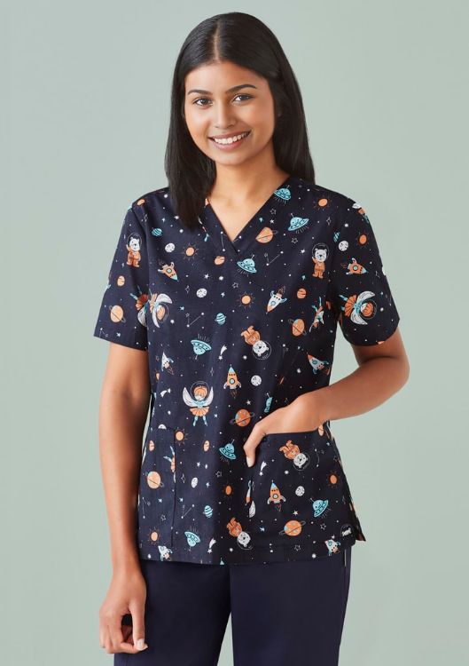 Picture of Womens Printed Space Party Scrub Top