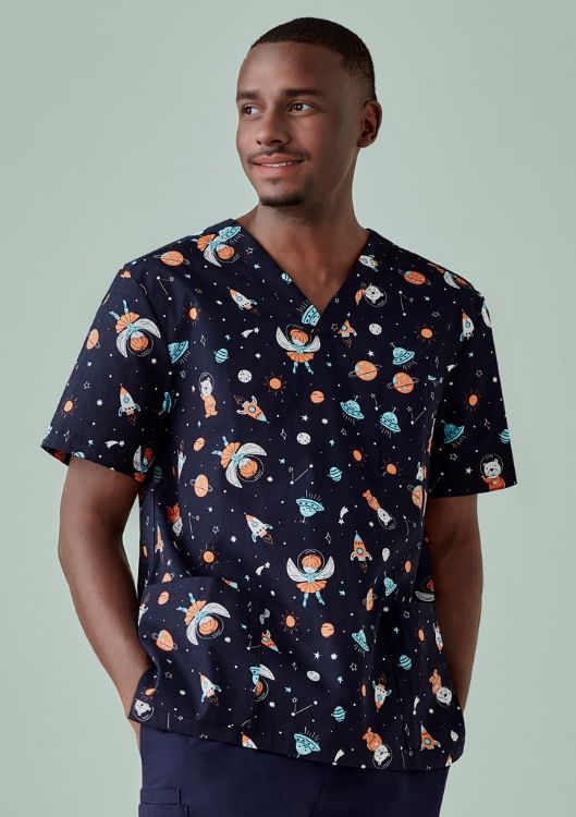 Picture of Mens Printed Space Party Scrub Top