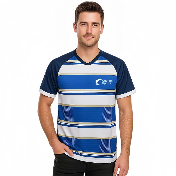 Picture of 100% Polyester Micro Mesh Sublimated Asymmetric Bottom Hem V-Neck Raglan Tee Shirt
