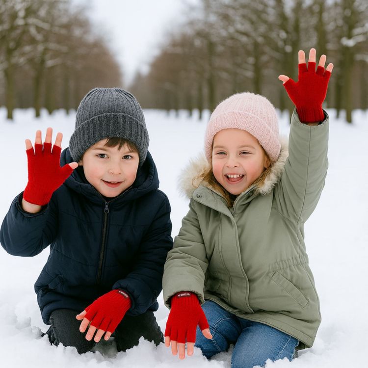 Picture of Kids Plain Knitted Fingerless Gloves with Woven Label