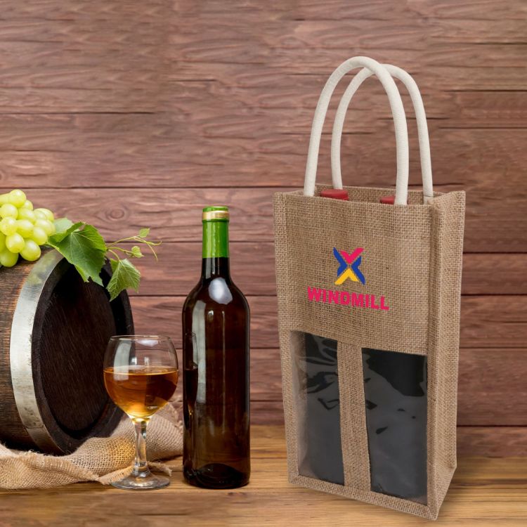 Picture of Jute Double Wine Carrier with Window