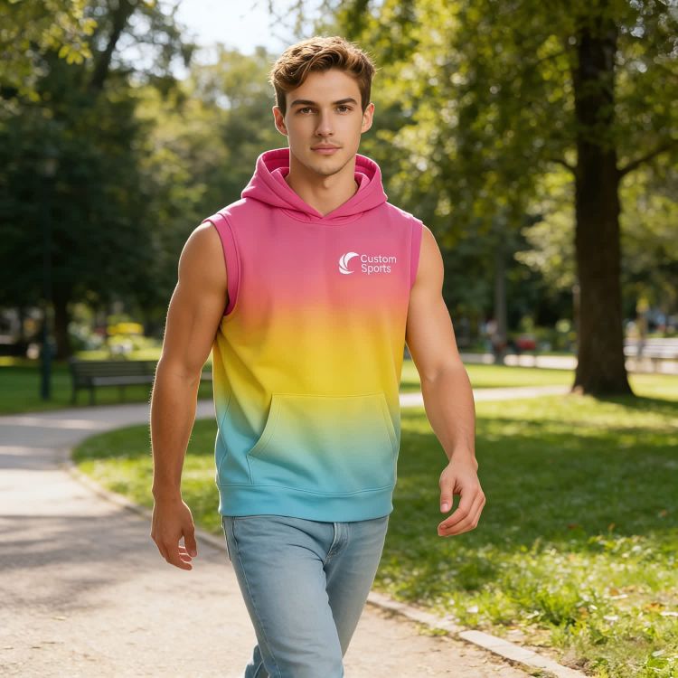 Picture of 100% Polyester Micro Mesh Sublimated Sleeveless Hoodie With Pocket