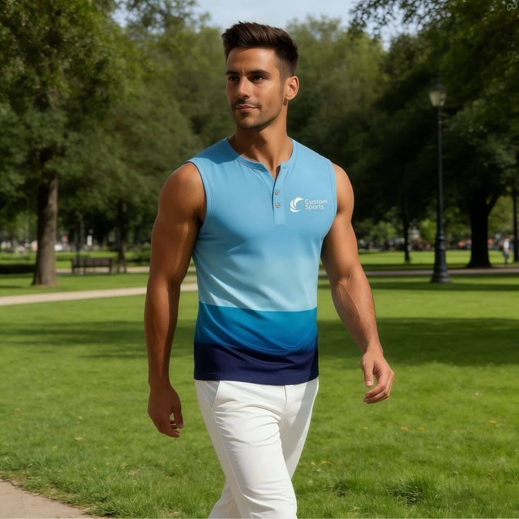 Picture of 100% Polyester Micro Mesh Sublimated Small V-Neck Buttoned Singlet