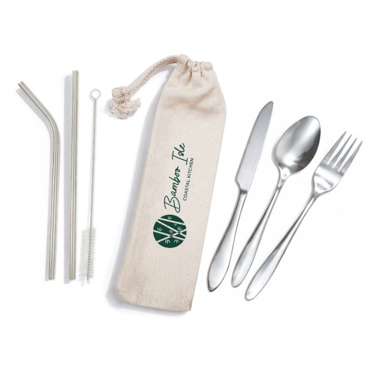 Picture of Banquet Stainless Steel Cutlery & Straw Set in Calico Pouch