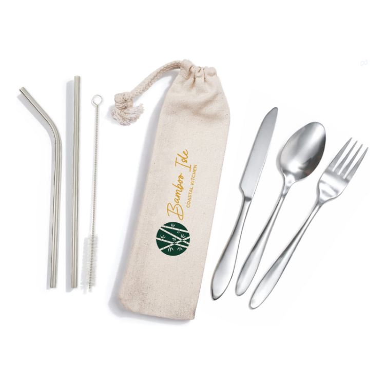 Picture of Banquet Stainless Steel Cutlery & Straw Set in Calico Pouch