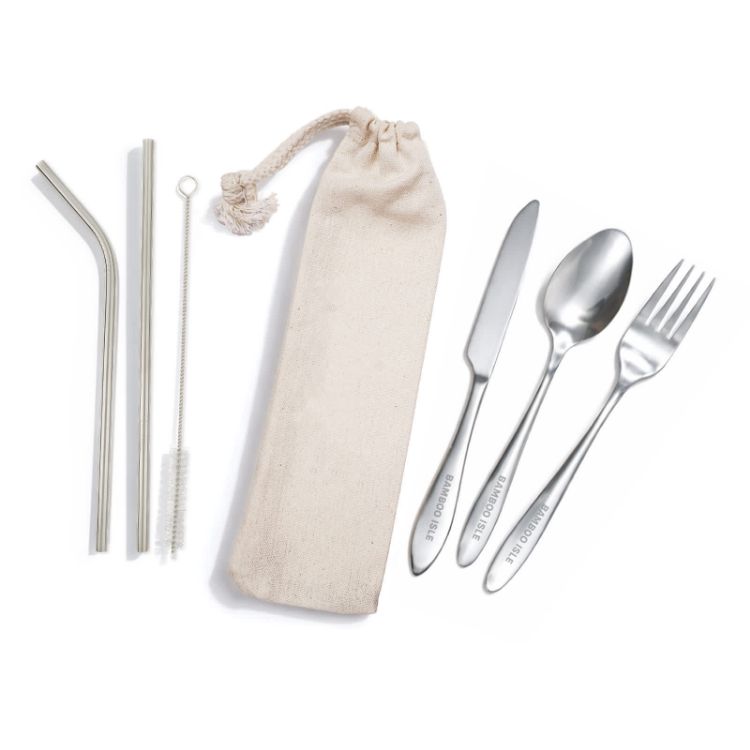 Picture of Banquet Stainless Steel Cutlery & Straw Set in Calico Pouch