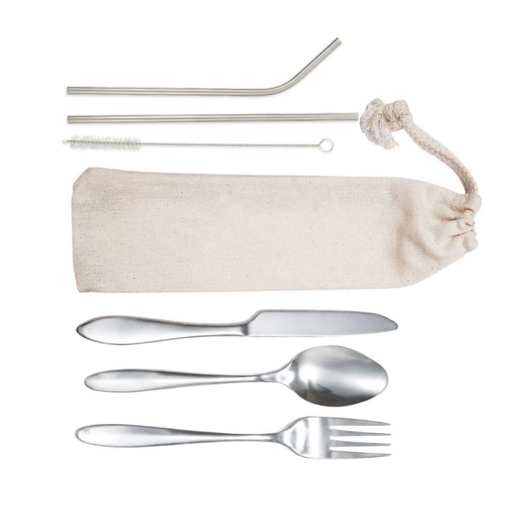 Picture of Banquet Stainless Steel Cutlery & Straw Set in Calico Pouch