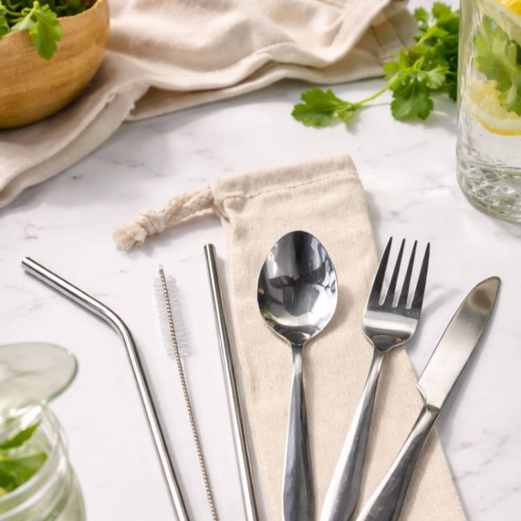 Picture of Banquet Stainless Steel Cutlery & Straw Set in Calico Pouch