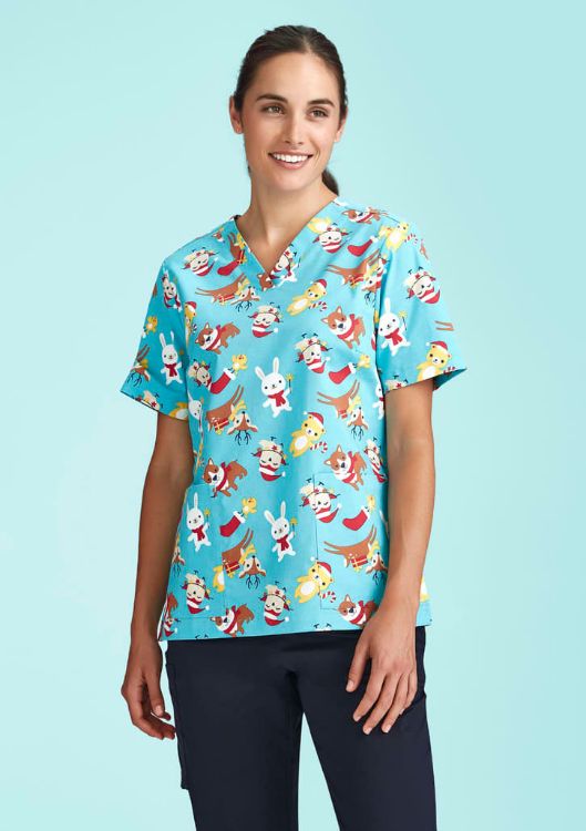Picture of Womens Christmas Short Sleeve V-neck Scrub (Cotton)