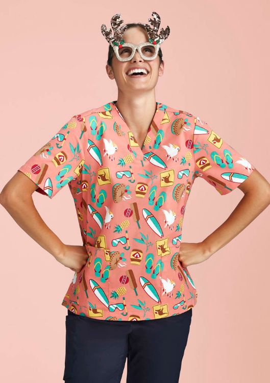 Picture of Womens Christmas Short Sleeve V-neck Scrub (Cotton)