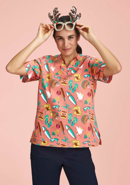 Picture of Womens Christmas Short Sleeve V-neck Scrub (Cotton)