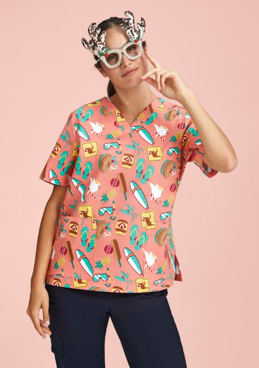 Picture of Womens Christmas Short Sleeve V-neck Scrub (Cotton)