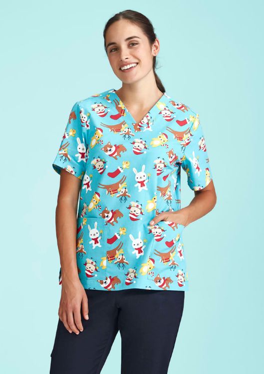 Picture of Womens Christmas Short Sleeve V-neck Scrub (Cotton)