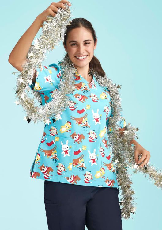Picture of Womens Christmas Short Sleeve V-neck Scrub (Cotton)