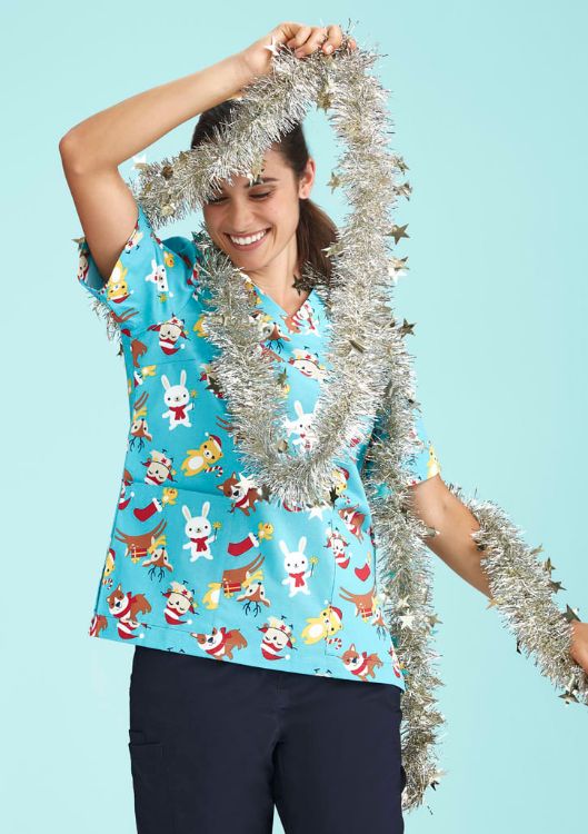 Picture of Womens Christmas Short Sleeve V-neck Scrub (Cotton)
