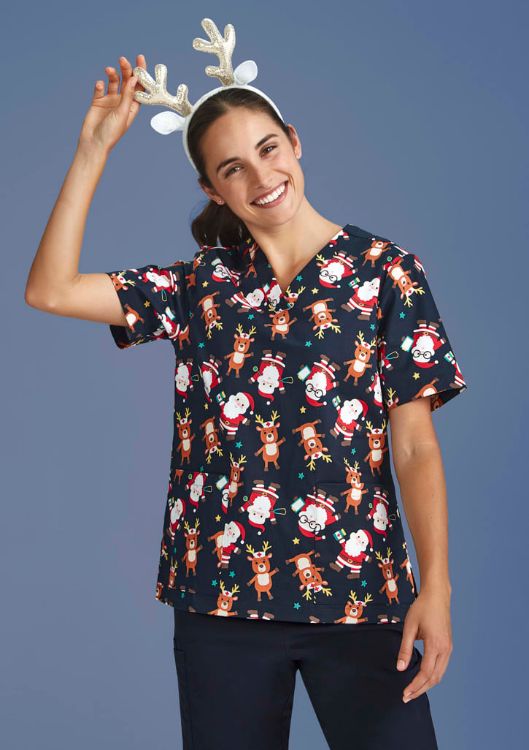 Picture of Womens Christmas Short Sleeve V-neck Scrub (Cotton)
