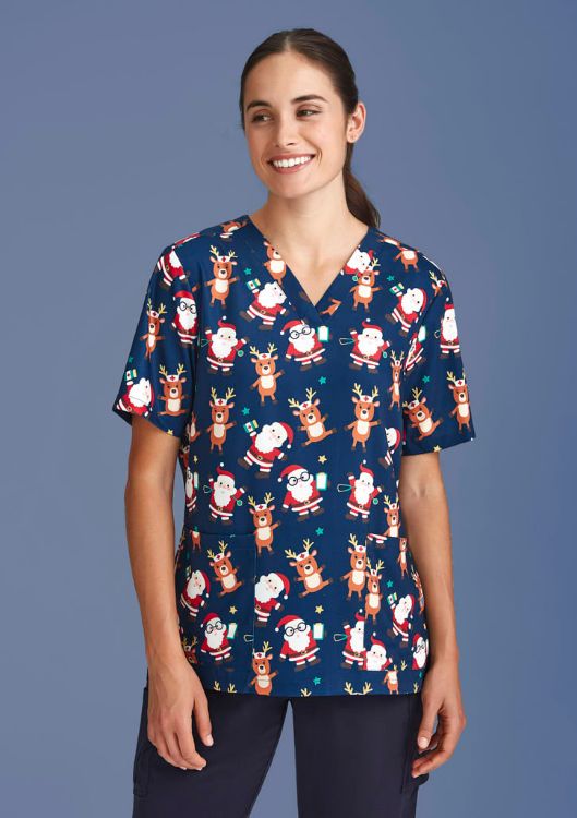 Picture of Womens Christmas Short Sleeve V-neck Scrub (Poly Stretch)