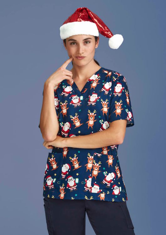 Picture of Womens Christmas Short Sleeve V-neck Scrub (Poly Stretch)