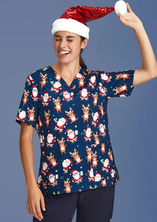 Picture of Womens Christmas Short Sleeve V-neck Scrub (Poly Stretch)